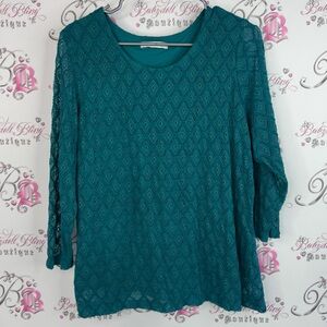 TanJay long sleeve knit to crochet argyle details Teal Lace Blouse